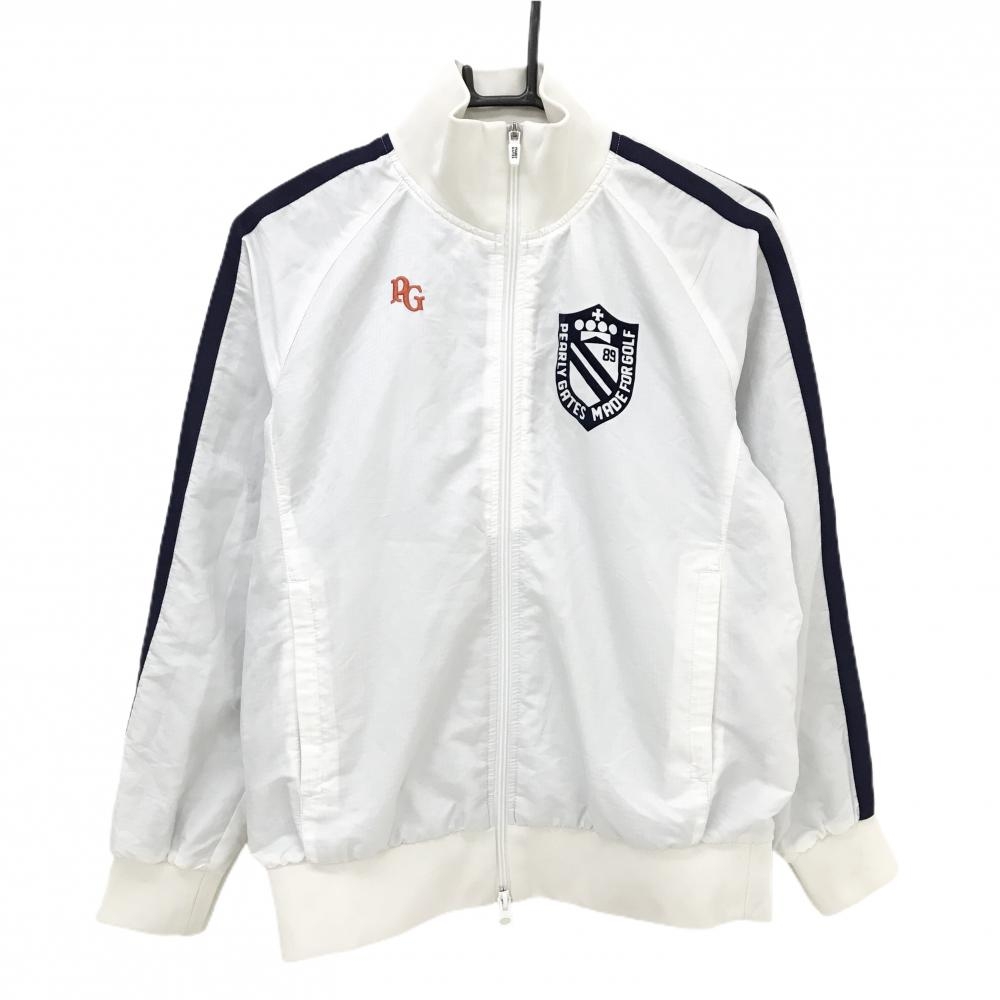 パーリーゲイツ ジャケットブルゾン 白×ネイビー 袖2ライン 千鳥格子地模様 蓄熱裏地総柄  レディース 0(S) ゴルフウェア PEARLY GATES