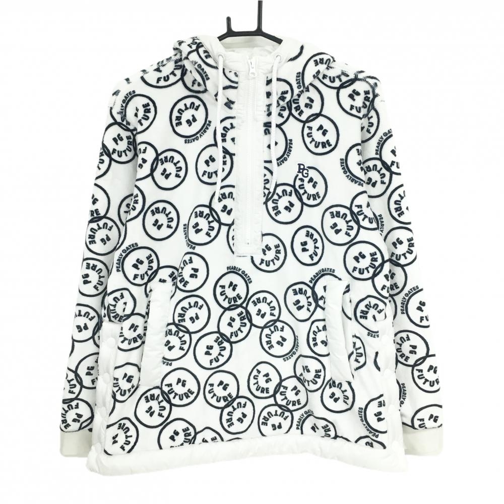 【美品】パーリーゲイツ フード付ブルゾン 白×ネイビー PG FUTUREニコちゃん柄 起毛 パーカー レディース 1(M) ゴルフウェア PEARLY GATES