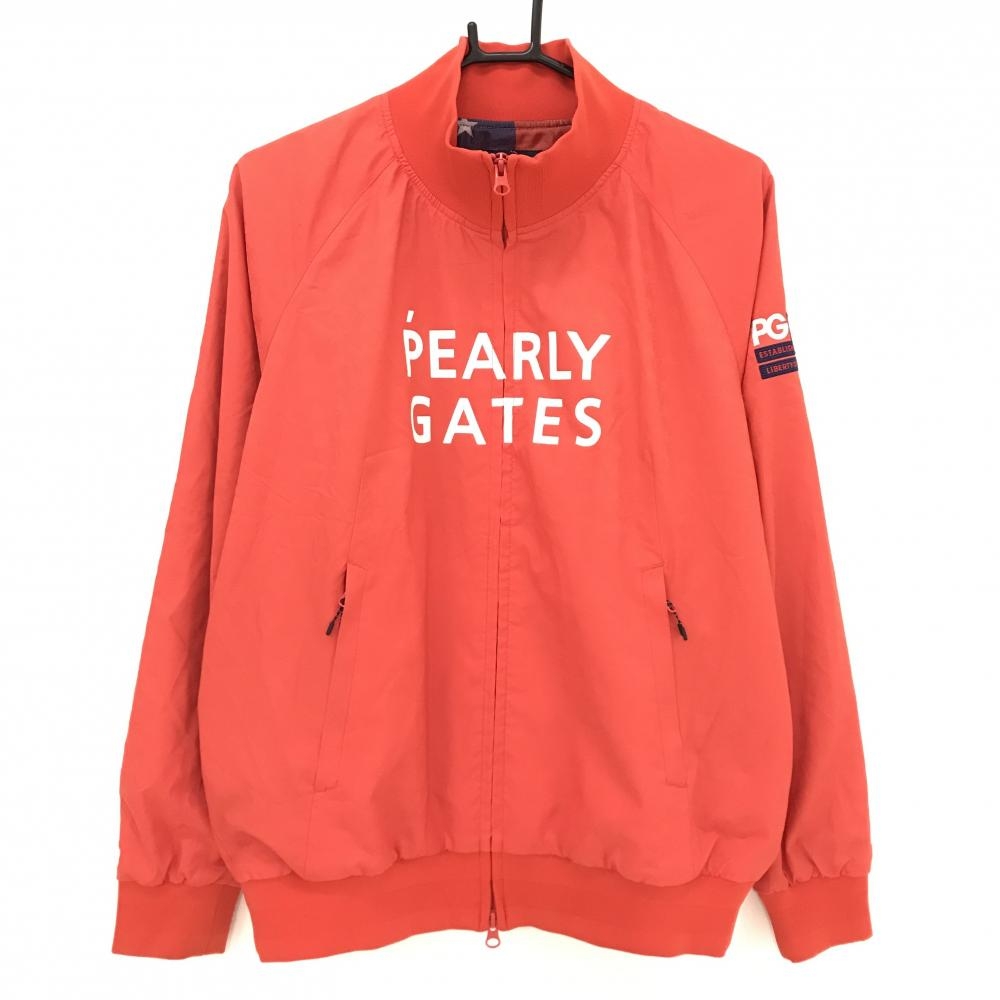 【美品】パーリーゲイツ ジャケットブルゾン レッド 地模様 蓄熱裏地星条旗柄 レディース 2(L) ゴルフウェア PEARLY GATES