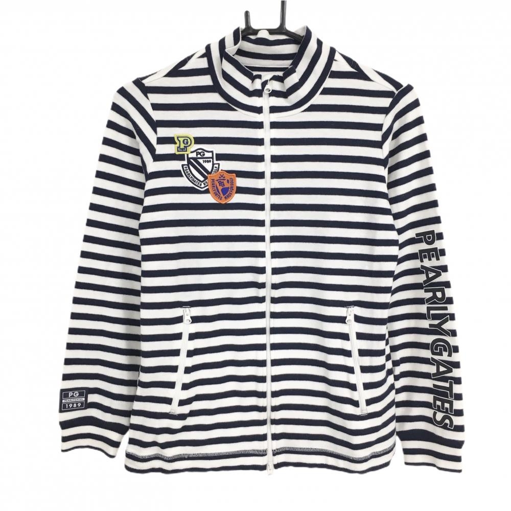 パーリーゲイツ ジャケット 白×ネイビー ボーダー 微起毛 胸ロゴ レディース 0(S) ゴルフウェア PEARLY GATES