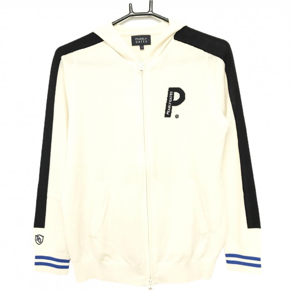 【美品】パーリーゲイツ ニットジップパーカー アイボリー×黒系 ウール100％ 胸ロゴ レディース 1(M) ゴルフウェア PEARLY GATES