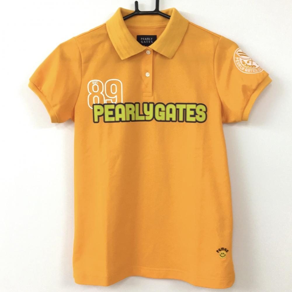 PEARLY GATES パーリーゲイツ 半袖ポロシャツ オレンジ×白 ニコちゃん スマイル 襟裏ボーダー レディース 0(S) ゴルフウェア 画像