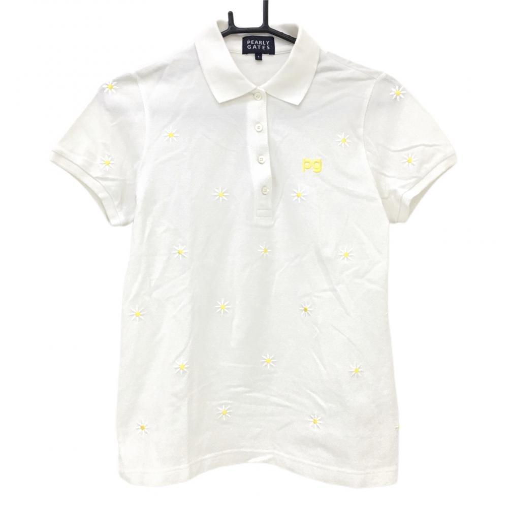 パーリーゲイツ 半袖ポロシャツ 白×イエロー 花刺しゅう 総柄 レディース 1(M) ゴルフウェア PEARLY GATES
