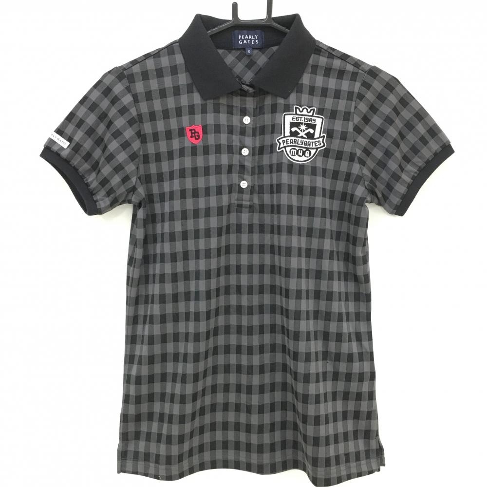 【美品】パーリーゲイツ 半袖ポロシャツ グレー×黒 チェック レディース 0(S) ゴルフウェア PEARLY GATES