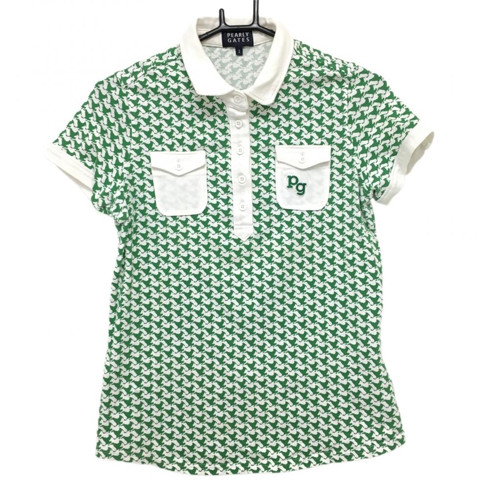 パーリーゲイツ 半袖ポロシャツ 白×グリーン 鳥柄 胸ポケット レディース 2(M) ゴルフウェア PEARLY GATES
