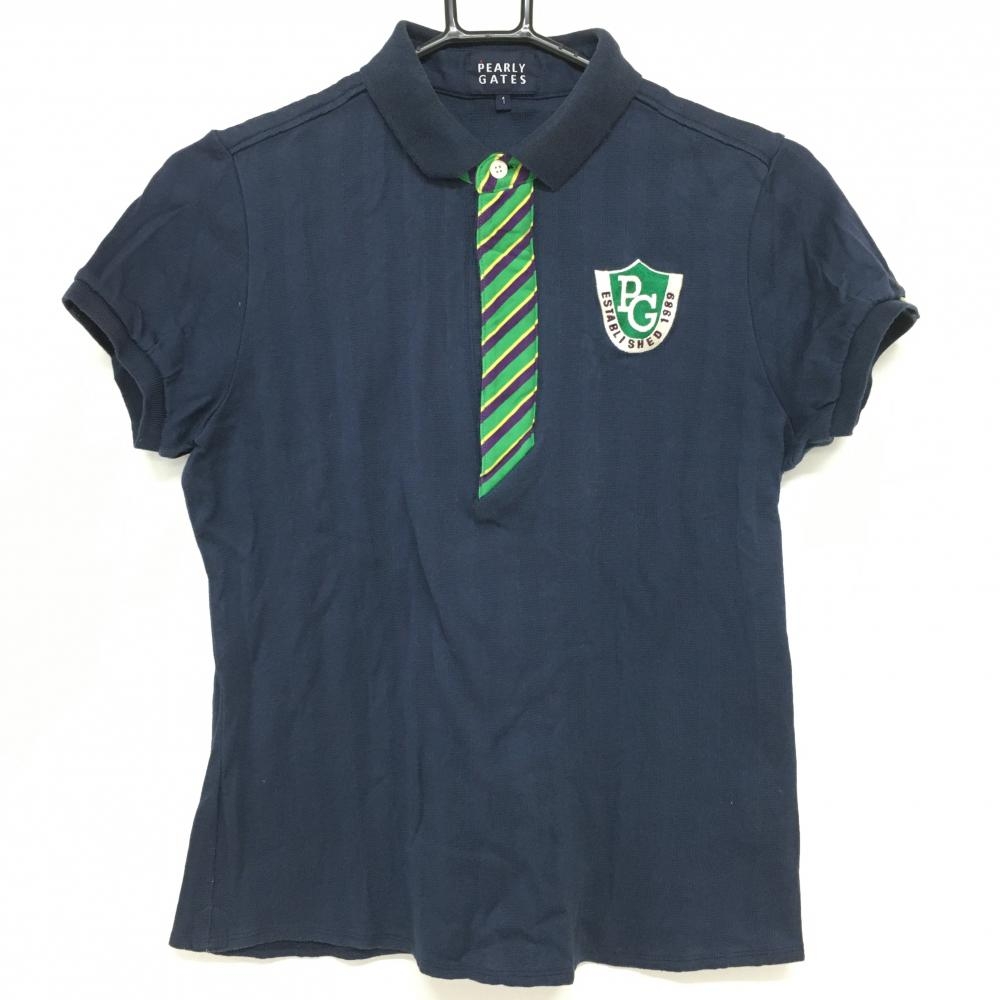パーリーゲイツ 半袖ポロシャツ ネイビー×グリーン ストライプ織生地 前立て斜めストライプ  レディース 1(M) ゴルフウェア PEARLY GATES