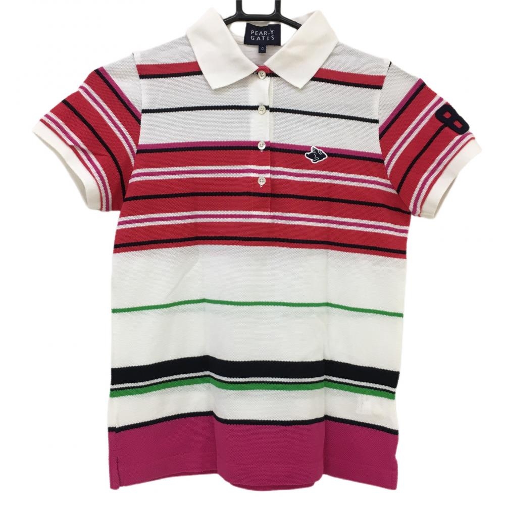 【美品】パーリーゲイツ 半袖ポロシャツ 白×レッド ランダムボーダー コットン100％ 日本製 レディース 0(S) ゴルフウェア PEARLY GATES