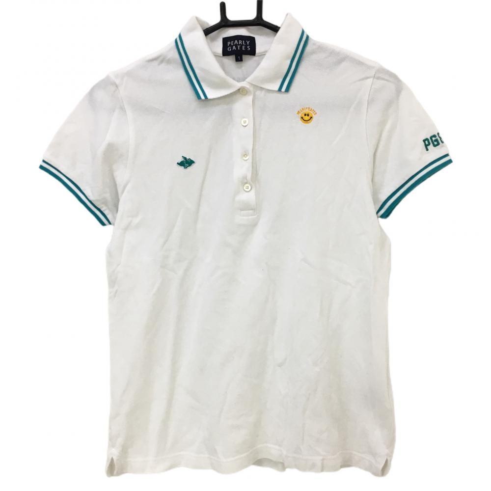 【美品】パーリーゲイツ 半袖ポロシャツ 白×グリーン リブライン ニコちゃん スマイル レディース 1(M) ゴルフウェア PEARLY GATES