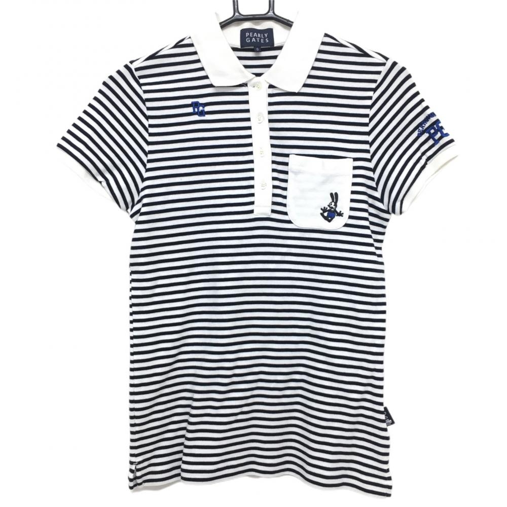 【美品】パーリーゲイツ×ディズニー 半袖ポロシャツ 白×黒 ボーダー オズワルド 日本製 レディース 0(S) ゴルフウェア PEARLY GATES