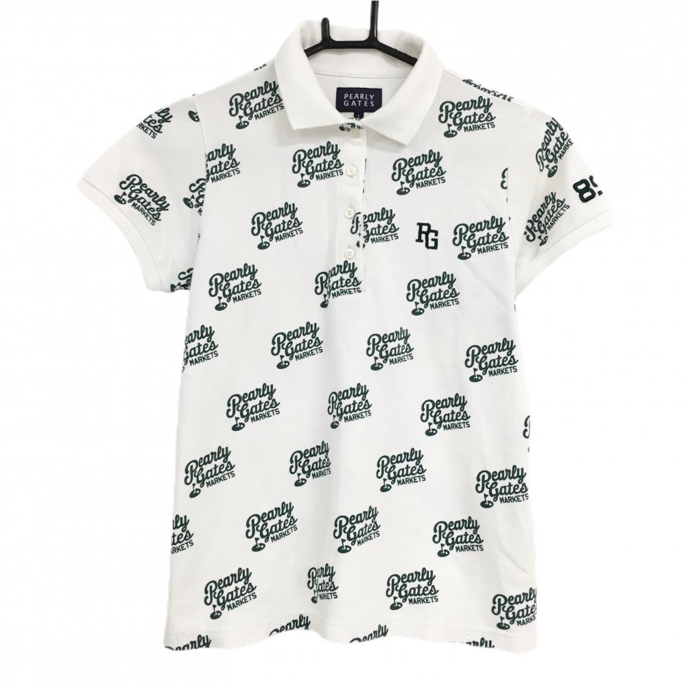 パーリーゲイツ 半袖ポロシャツ 白×グリーン ロゴ総柄 日本製 レディース 1(M) ゴルフウェア PEARLY GATES