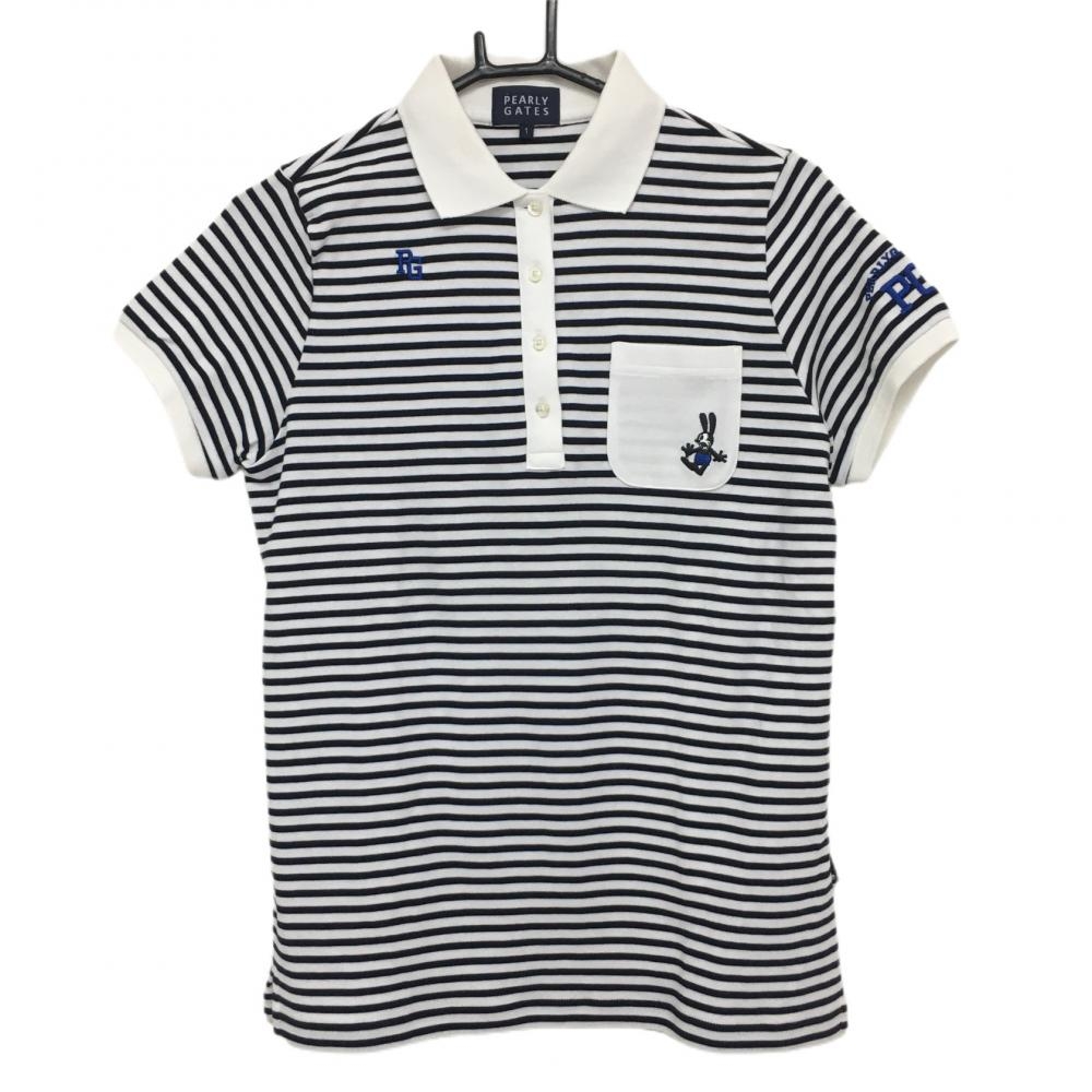 【美品】パーリーゲイツ×ディズニー 半袖ポロシャツ 黒×白 ボーダー オズワルド レディース 1(M) ゴルフウェア PEARLY GATES