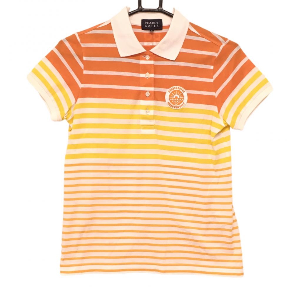 パーリーゲイツ 半袖ポロシャツ オレンジ×白 ボーダー コットン100％ 日本製  レディース 0(S) ゴルフウェア PEARLY GATES 画像
