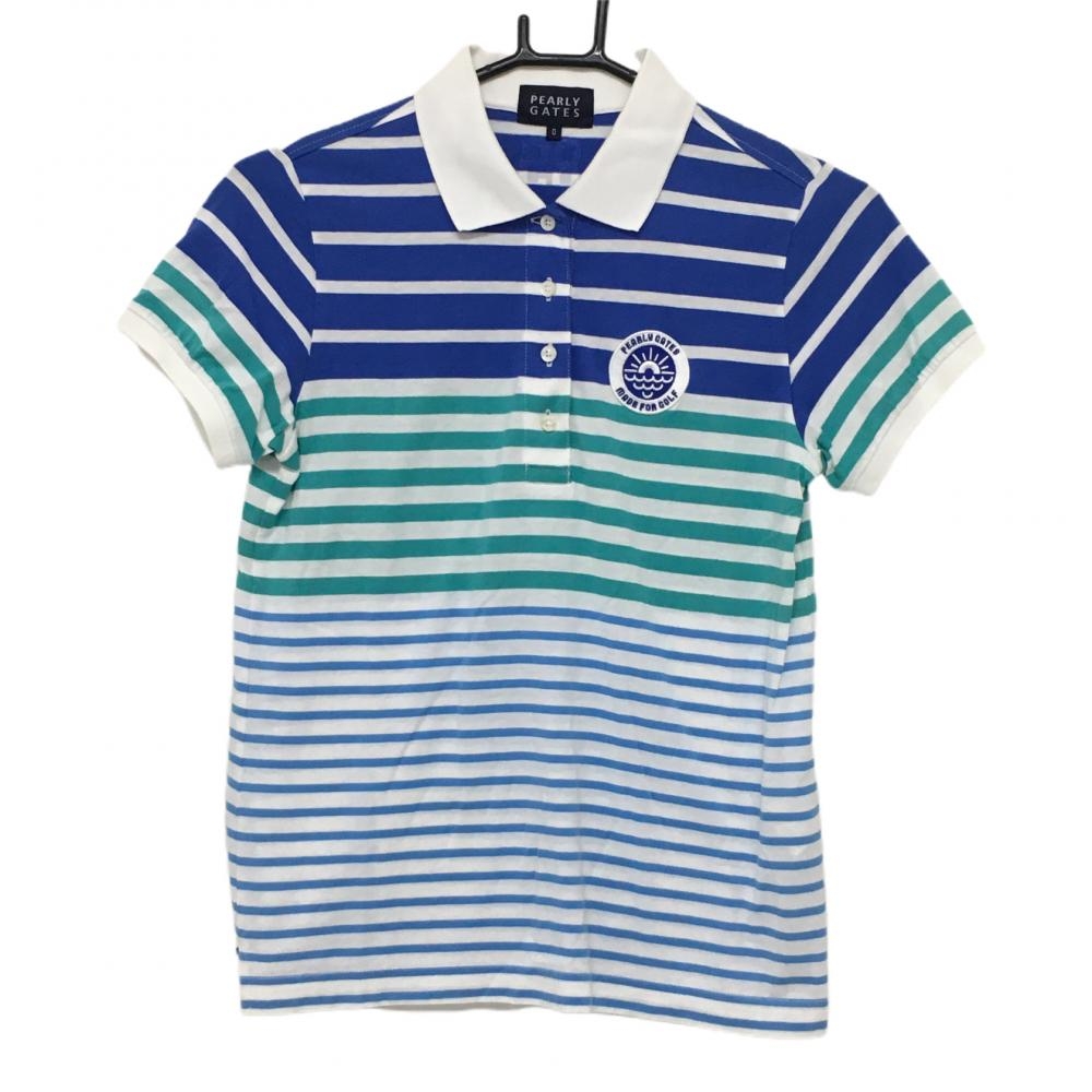 パーリーゲイツ 半袖ポロシャツ ブルー×白 ボーダー コットン100％ 日本製  レディース 0(S) ゴルフウェア PEARLY GATES 画像