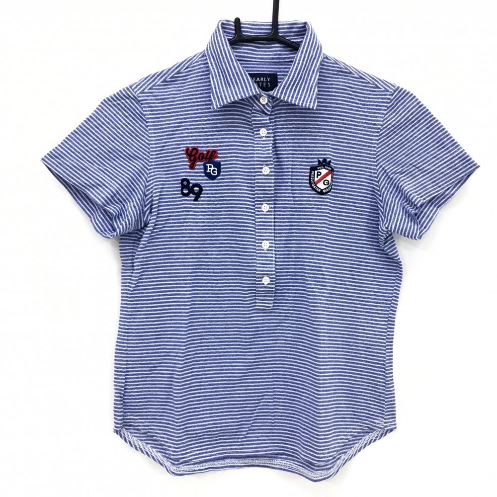 パーリーゲイツ 半袖ポロシャツ ブルー×白 ボーダー 複数ワッペン  レディース 0(S) ゴルフウェア PEARLY GATES