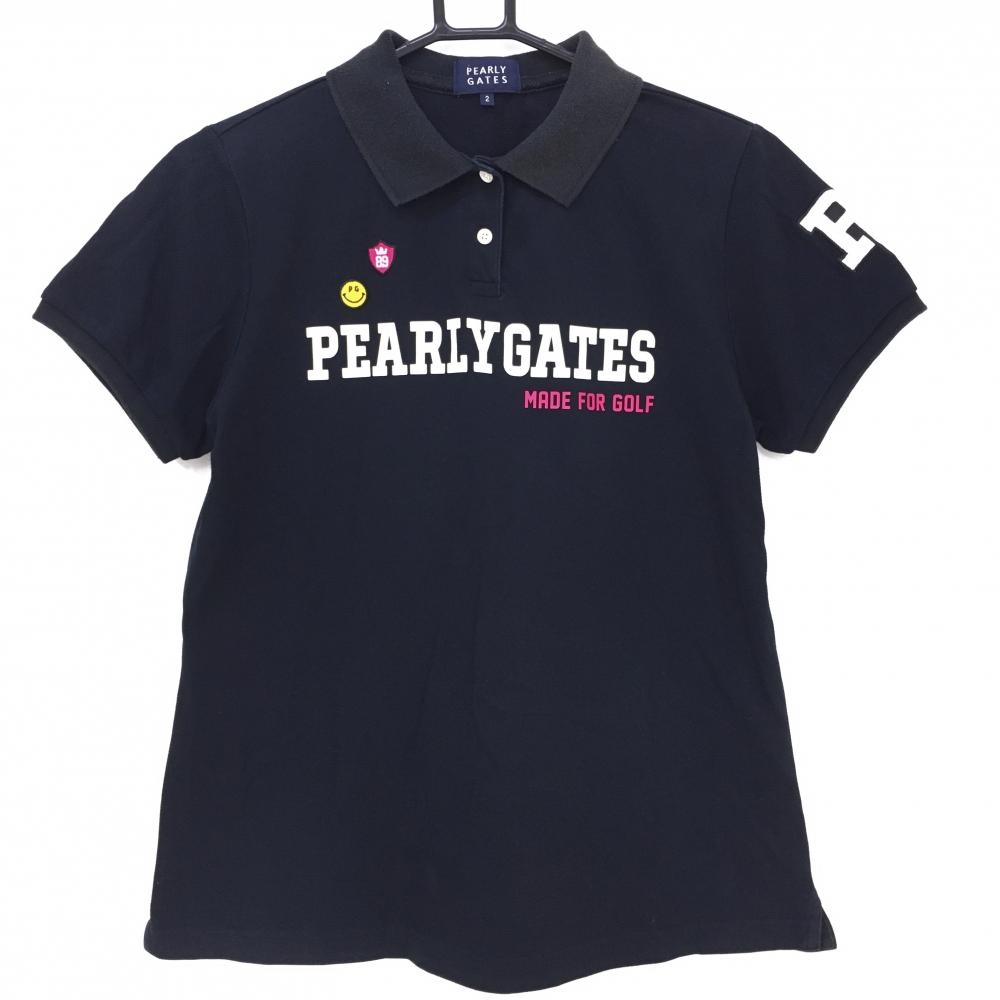 パーリーゲイツ 半袖ポロシャツ 黒×白 ニコちゃん スマイル 日本製  レディース 2(L) ゴルフウェア PEARLY GATES 画像