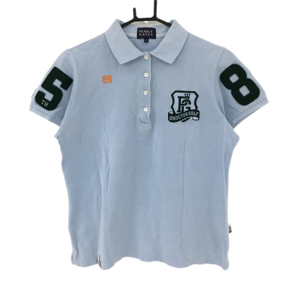 パーリーゲイツ 半袖ポロシャツ ライトブルー×グリーン 25周年 襟裏ロゴ  レディース 2(Ｌ) ゴルフウェア PEARLY GATES