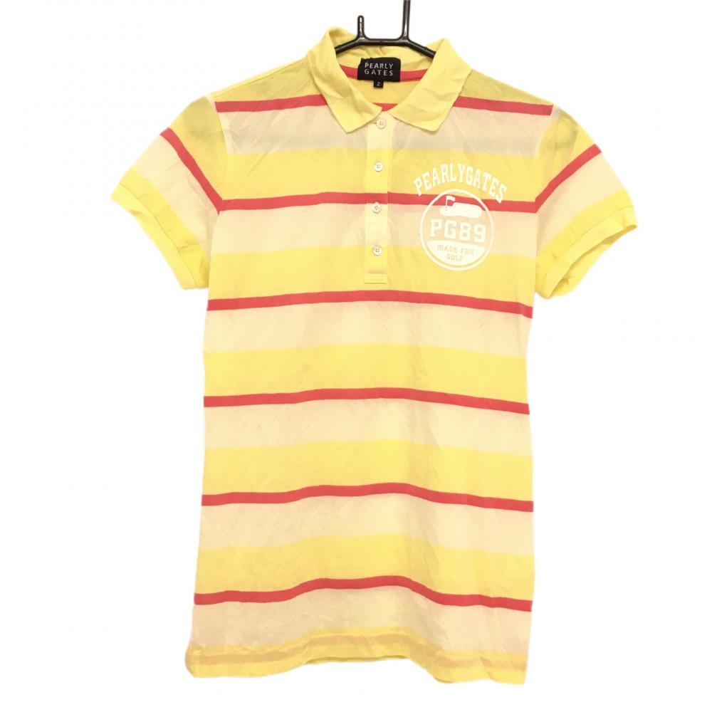 パーリーゲイツ 半袖ポロシャツ イエロー×ピンク ボーダー しわ レディース 2(Ｌ) ゴルフウェア PEARLY GATES