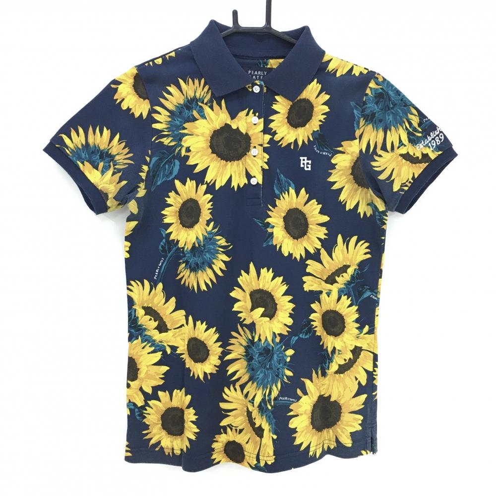 パーリーゲイツ 半袖ポロシャツ ネイビー×イエロー ヒマワリ柄 花柄 日本製  レディース 1(M) ゴルフウェア PEARLY GATES