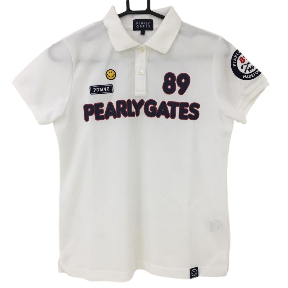 【美品】パーリーゲイツ 半袖ポロシャツ 白×ネイビー ニコちゃん スマイル 襟裏ニコ  レディース 1 ゴルフウェア PEARLY GATES