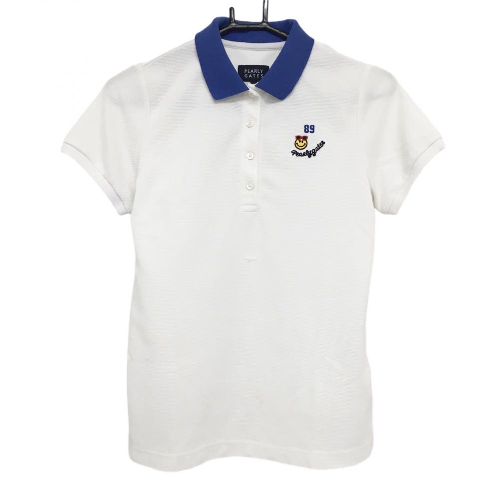 パーリーゲイツ 半袖ポロシャツ 白×ブルー ニコちゃん スマイル  レディース 0(S) ゴルフウェア PEARLY GATES