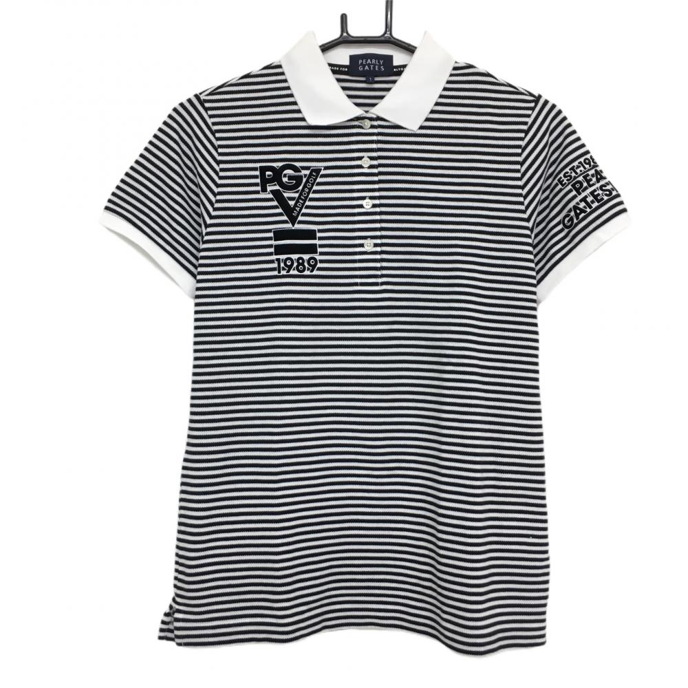 【美品】パーリーゲイツ 半袖ポロシャツ 白×黒 ボーダー コットン100％ 日本製  レディース 1 ゴルフウェア PEARLY GATES
