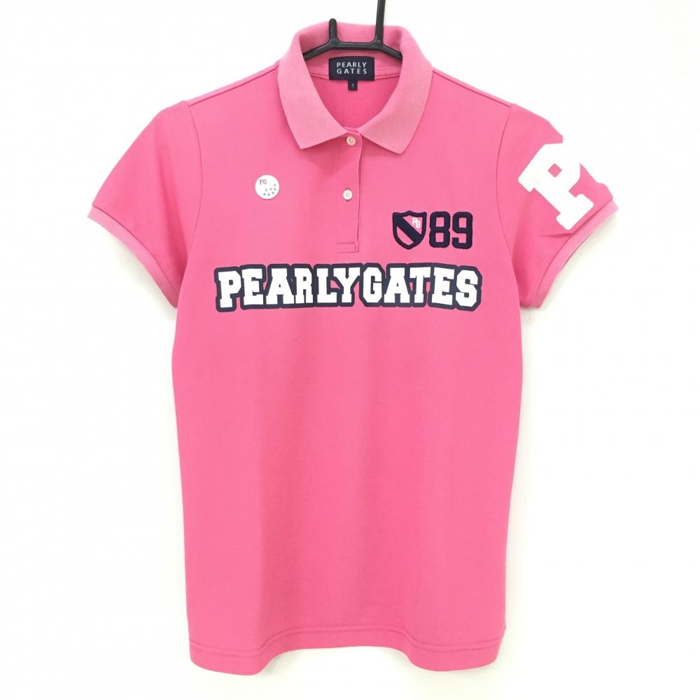 パーリーゲイツ 半袖ポロシャツ ピンク×白 ロゴプリント レディース 1(M) ゴルフウェア PEARLY GATES