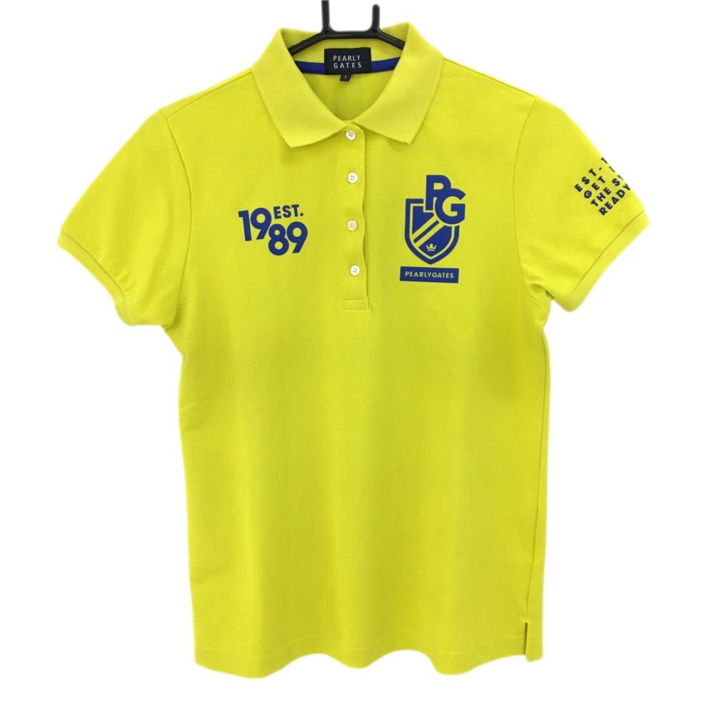 【美品】パーリーゲイツ 半袖ポロシャツ イエロー×ブルー ロゴプリント  レディース 1(M) ゴルフウェア 2021年モデル PEARLY GATES