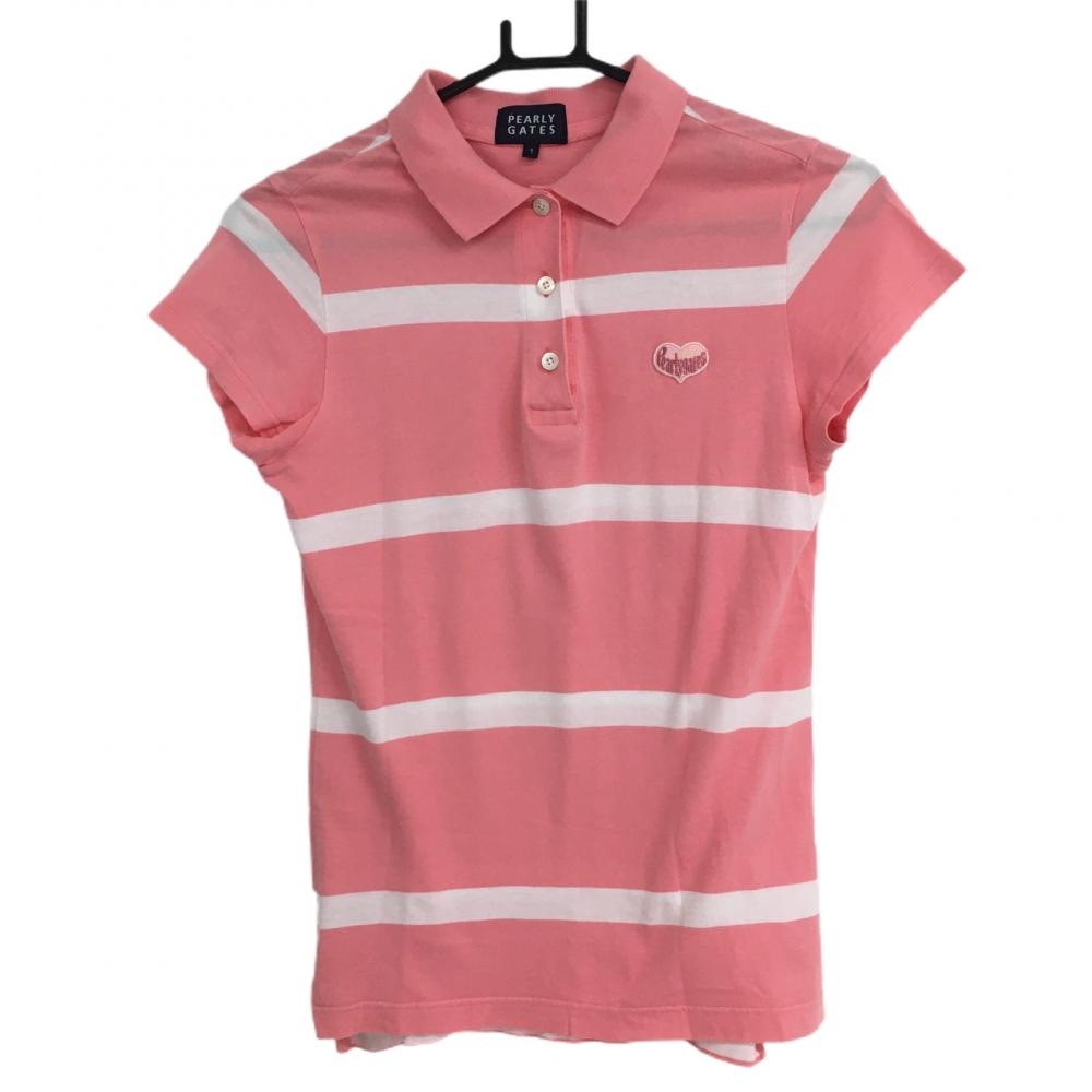 パーリーゲイツ 半袖ポロシャツ ピンク×白 ボーダー ハートワッペン レディース 1(M) ゴルフウェア PEARLY GATES