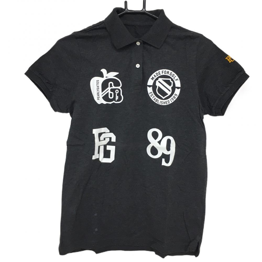 パーリーゲイツ 半袖ポロシャツ ダークグレー×白 リンゴプリント コットン100％ レディース 1(M) ゴルフウェア PEARLY GATES