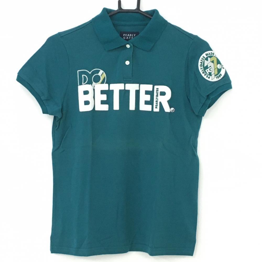パーリーゲイツ 半袖ポロシャツ ブルーグリーン×白 コットン100％ フェルトワッペン  レディース 1(M) ゴルフウェア PEARLY GATES