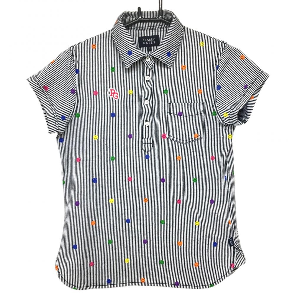 パーリーゲイツ 半袖ポロシャツ 白×ネイビー ストライプ×ニコちゃん スマイル 胸ポケット レディース 0(S) ゴルフウェア PEARLY GATES
