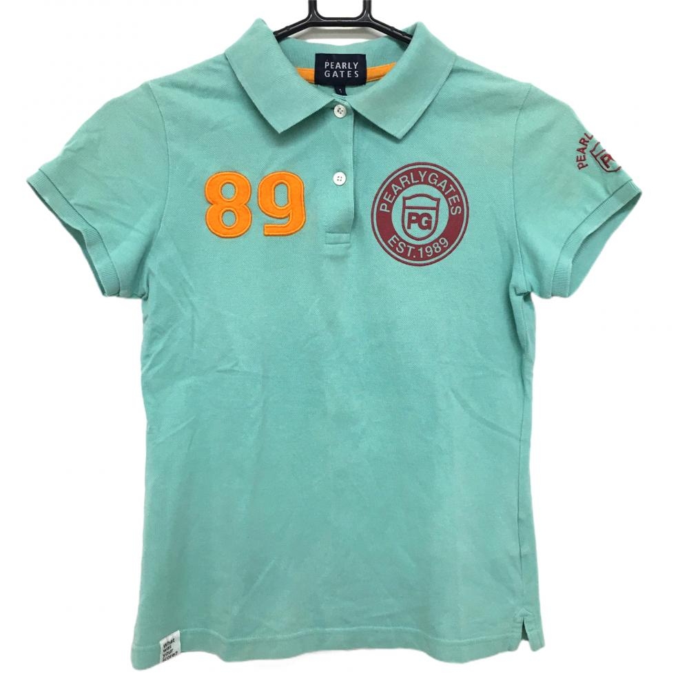 パーリーゲイツ 半袖ポロシャツ ライトブルー×レッド バックロゴ  レディース 1(M) ゴルフウェア PEARLY GATES