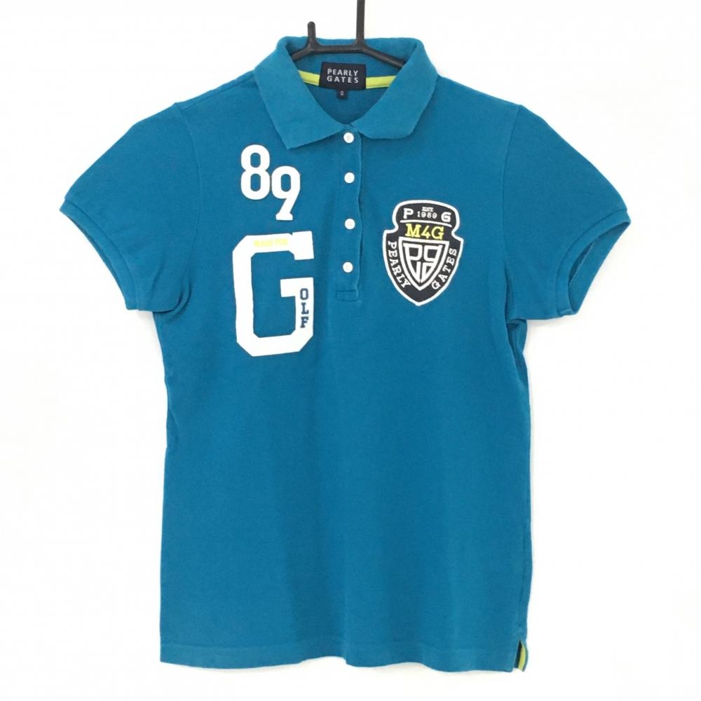 パーリーゲイツ 半袖ポロシャツ ブルー×白 襟裏プリント フェルトワッペン コットン100％  レディース 0(S) ゴルフウェア PEARLY GATES