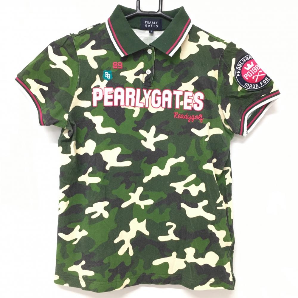 パーリーゲイツ 半袖ポロシャツ グリーン×白×黒 迷彩 カモフラ コットン100％ レディース 1(M) ゴルフウェア PEARLY GATES