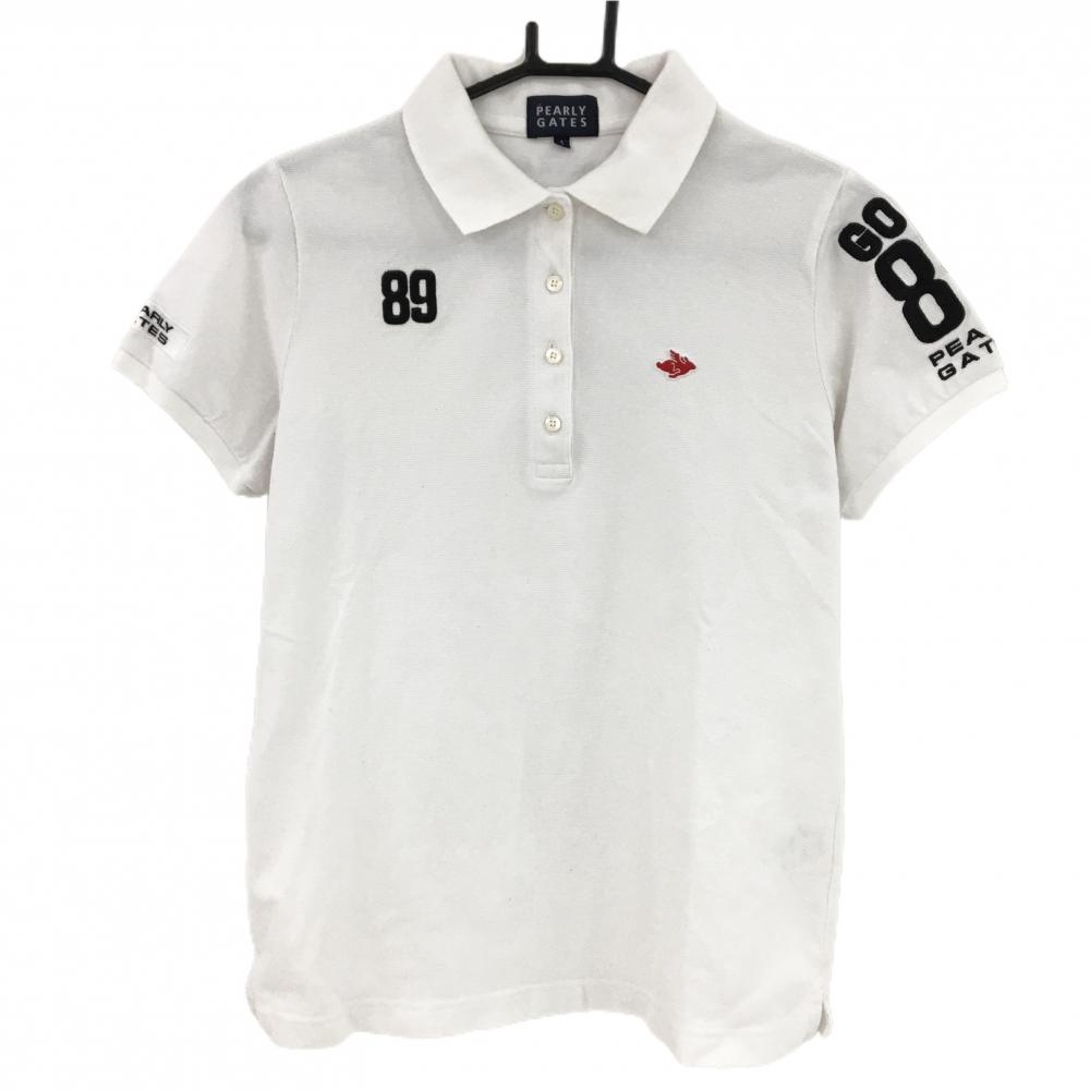 【美品】パーリーゲイツ 半袖ポロシャツ 白×黒 フラッグ刺しゅう フライングラビット レディース 1(M) ゴルフウェア PEARLY GATES
