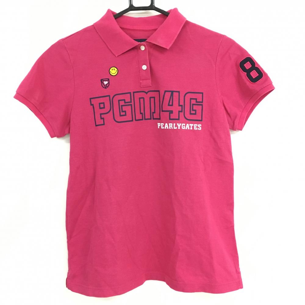 【美品】パーリーゲイツ 半袖ポロシャツ ピンク×ネイビー ニコちゃん スマイル 襟裏ロゴ レディース 1(M) ゴルフウェア PEARLY GATES