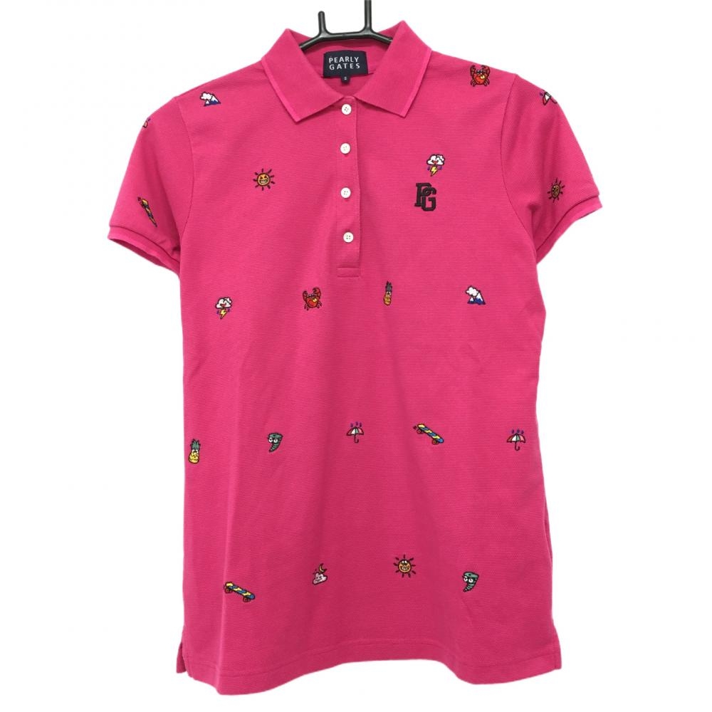 【美品】パーリーゲイツ 半袖ポロシャツ ピンク×マルチ ウェザー柄刺しゅう  レディース 2(Ｌ) ゴルフウェア PEARLY GATES