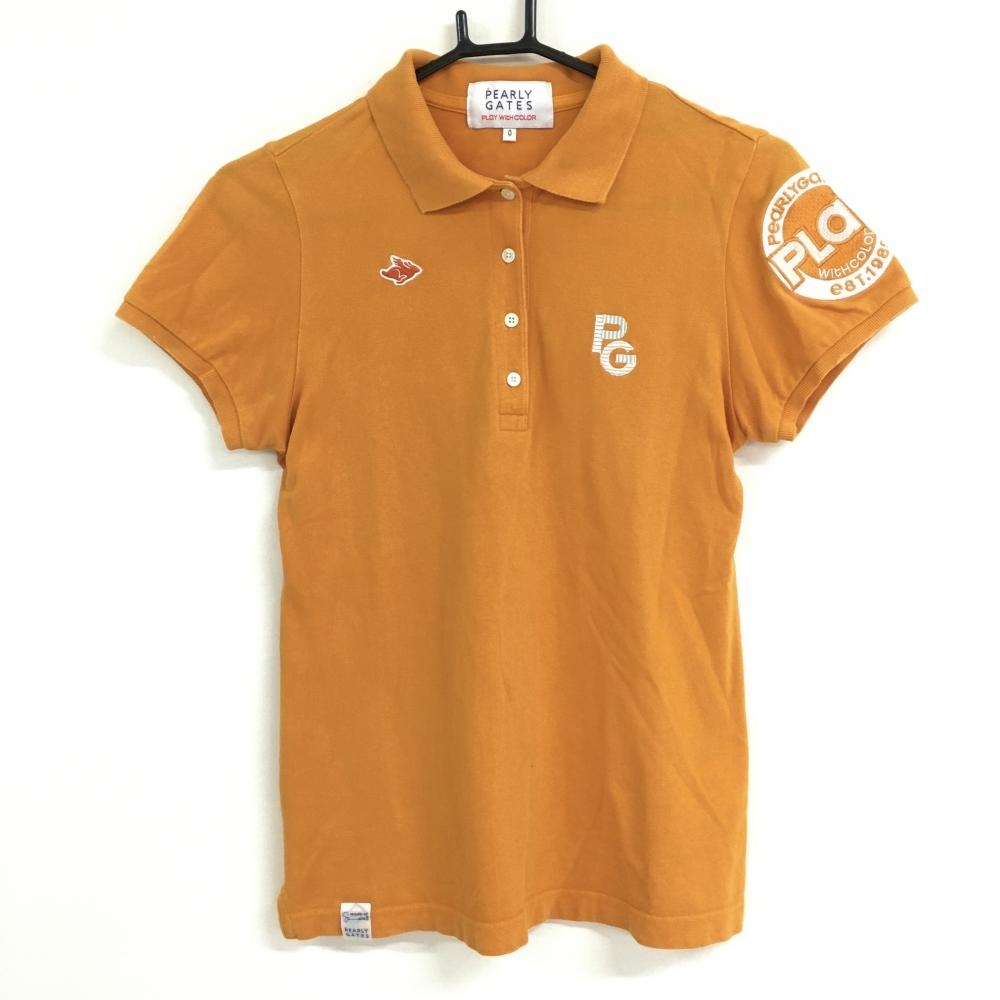 パーリーゲイツ 半袖ポロシャツ オレンジ×白 袖ビッグワッペン レディース 0(S) ゴルフウェア PEARLY GATES