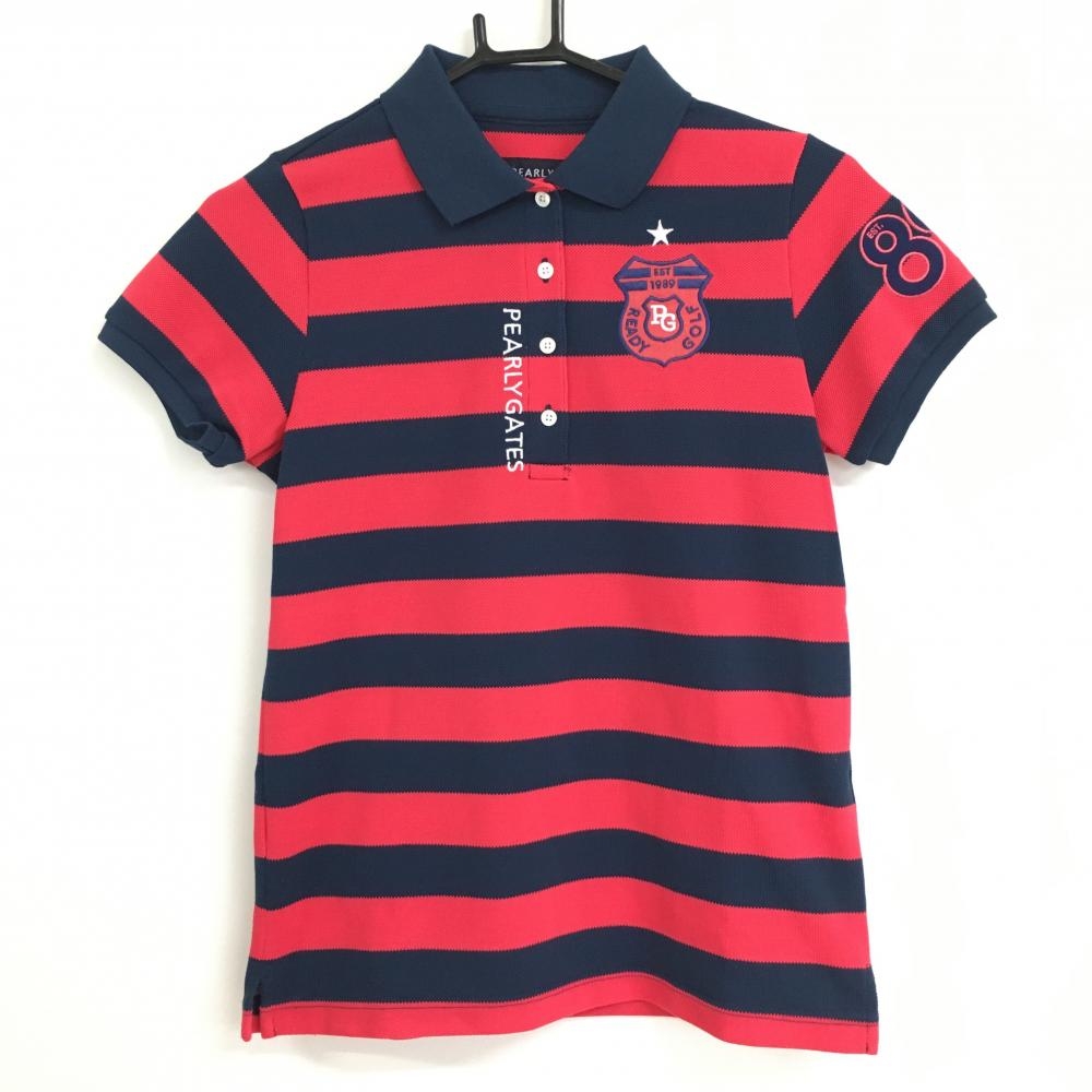 【美品】パーリーゲイツ 半袖ポロシャツ レッド×ネイビー ボーダー  レディース 0(S) ゴルフウェア PEARLY GATES
