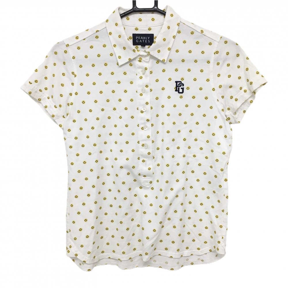 パーリーゲイツ 半袖ポロシャツ 白×イエロー ニコちゃん総柄 スマイル 左袖薄汚れ レディース 0 ゴルフウェア PEARLY GATES