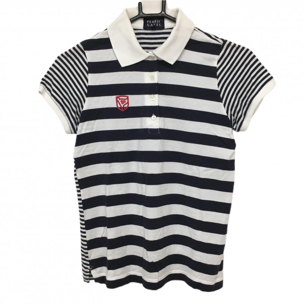 パーリーゲイツ 半袖ポロシャツ 白×ネイビー ボーダー レディース 0(S) ゴルフウェア PEARLY GATES