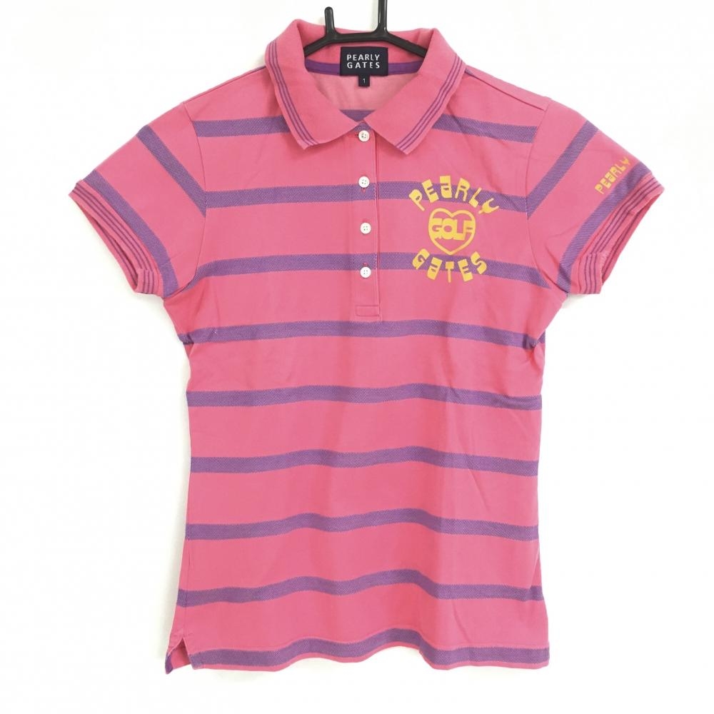 【美品】パーリーゲイツ 半袖ポロシャツ ピンク×パープル ボーダー ロゴプリント レディース 1(Ｍ) ゴルフウェア PEARLY GATES