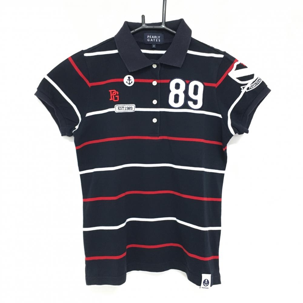 パーリーゲイツ 半袖ポロシャツ ダークネイビー×レッド×白 ボーダー 襟裏プリント レディース 0(S) ゴルフウェア PEARLY GATES