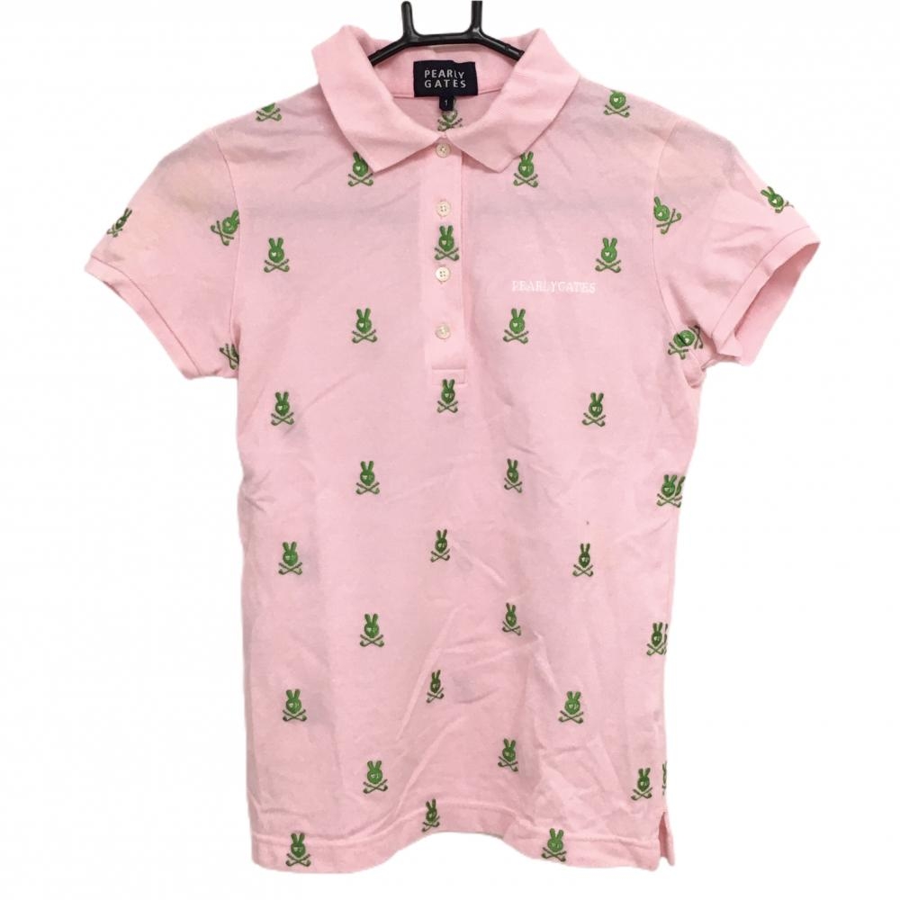 パーリーゲイツ 半袖ポロシャツ ピンク×グリーン スカルラビット総柄刺しゅう コットン100％  レディース 1(M) ゴルフウェア PEARLY GATES