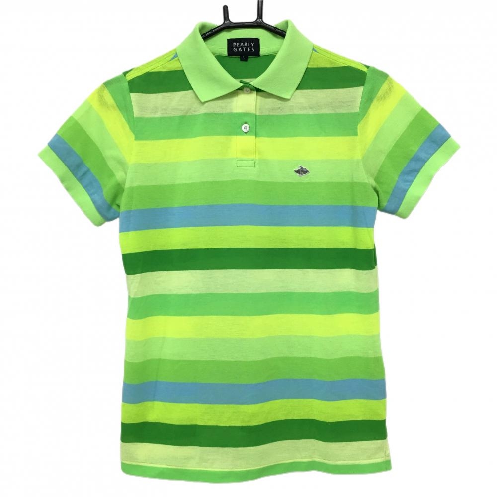 【美品】パーリーゲイツ 半袖ポロシャツ ライトグリーン×イエロー×ライトブルー ボーダー  レディース 1(M) ゴルフウェア PEARLY GATES