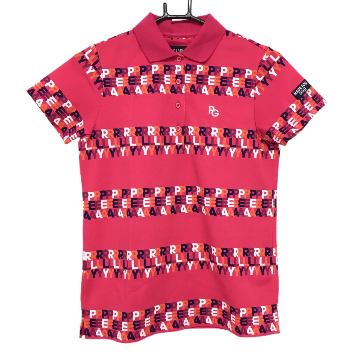 【超美品】パーリーゲイツ 半袖ポロシャツ ピンク×ネイビー ロゴボーダー風 レディース 0 ゴルフウェア 2022年モデル PEARLY GATES