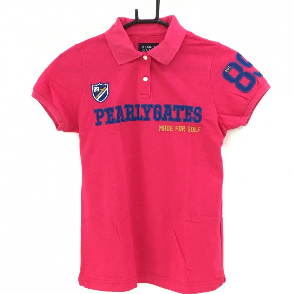 【美品】パーリーゲイツ 半袖ポロシャツ ピンク×ブルー 襟裏プリント コットン混 レディース 0(S) ゴルフウェア PEARLY GATES