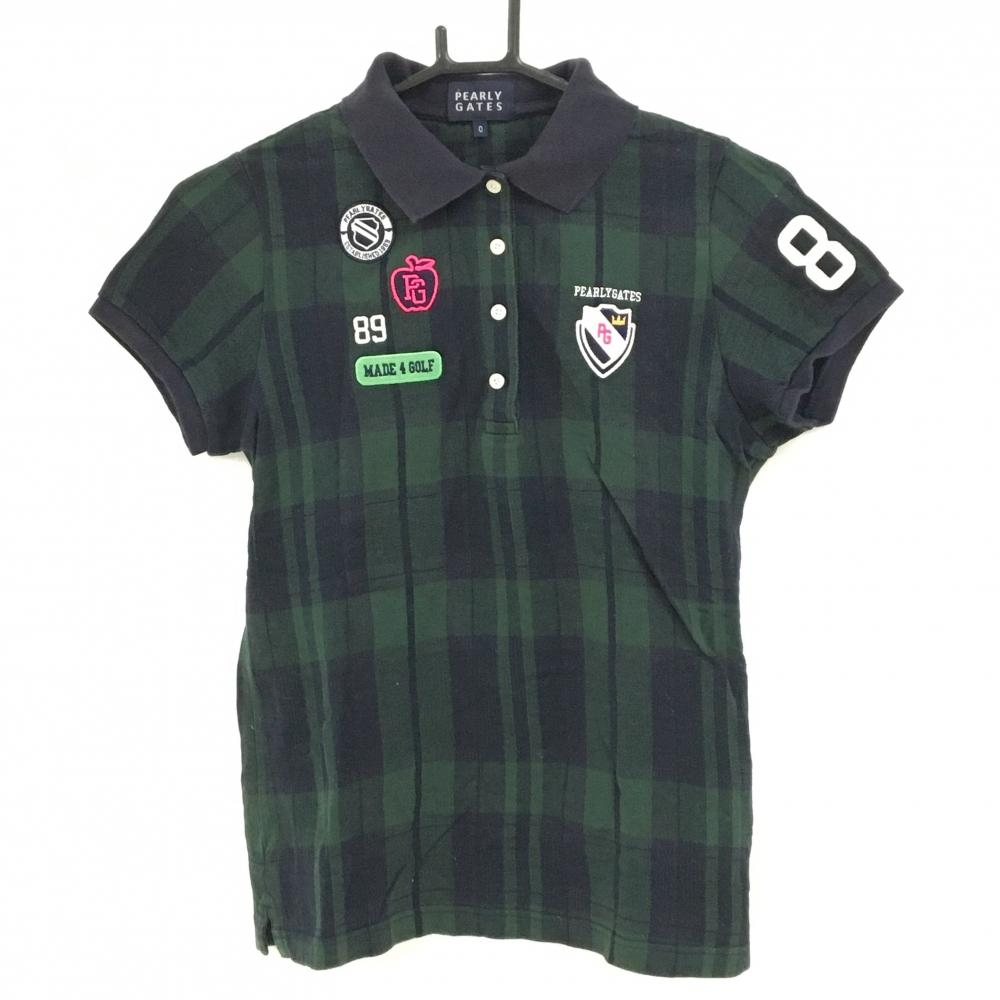 パーリーゲイツ 半袖ポロシャツ グリーン×ネイビー チェック コットン100％ リンゴ刺しゅう レディース 0(S) ゴルフウェア PEARLY GATES