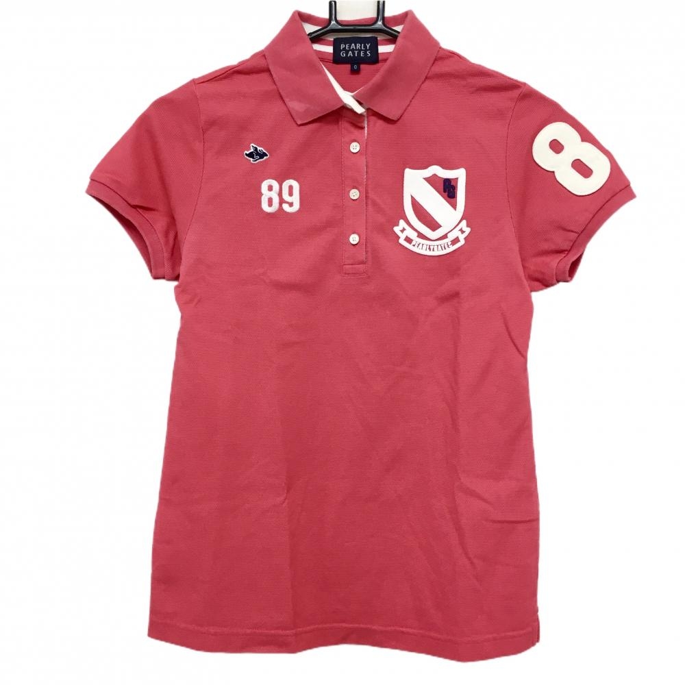 パーリーゲイツ 半袖ポロシャツ ピンク×白 フェルトワッペン レディース 0(S) ゴルフウェア PEARLY GATES