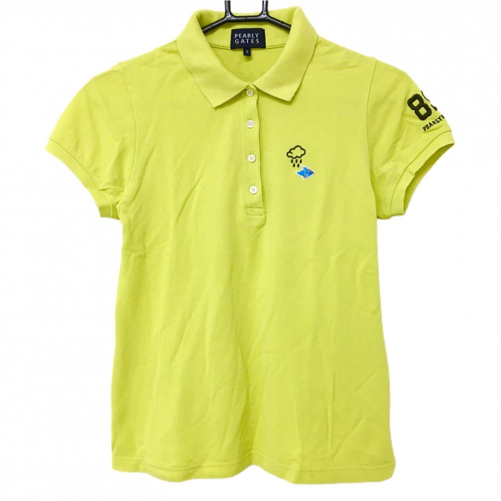【美品】パーリーゲイツ 半袖ポロシャツ ライムイエロー系 ウェザー刺しゅう コットン100％ レディース 0(S) ゴルフウェア PEARLY GATES